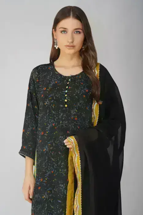 SMALL LEAF PRINT PANELLED KURTA SET